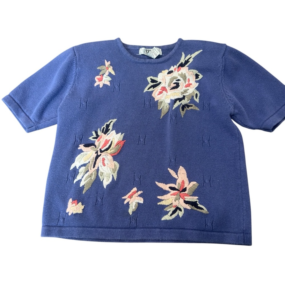 Segue Vintage Embroidered Cottage-Core Floral Knit Sweater - Size L‎